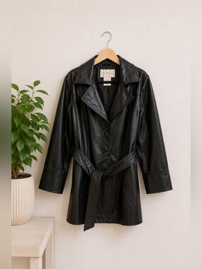 Vintage Penman's Black Faux Leather Trench Coat Belted Vegan Moto Jacket 1X